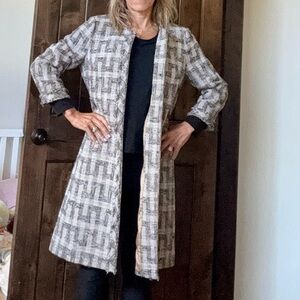 Anne Klein Stylish Frayed Tweed Plaid Open Front Long Coat